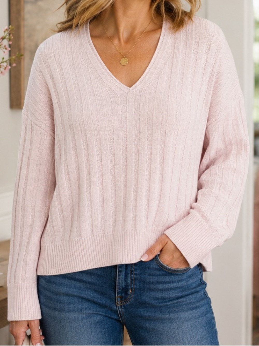 Spring + Mercer 100% Cashmere Ribbed V-Neck Sweater Sugar Blush Large NWT